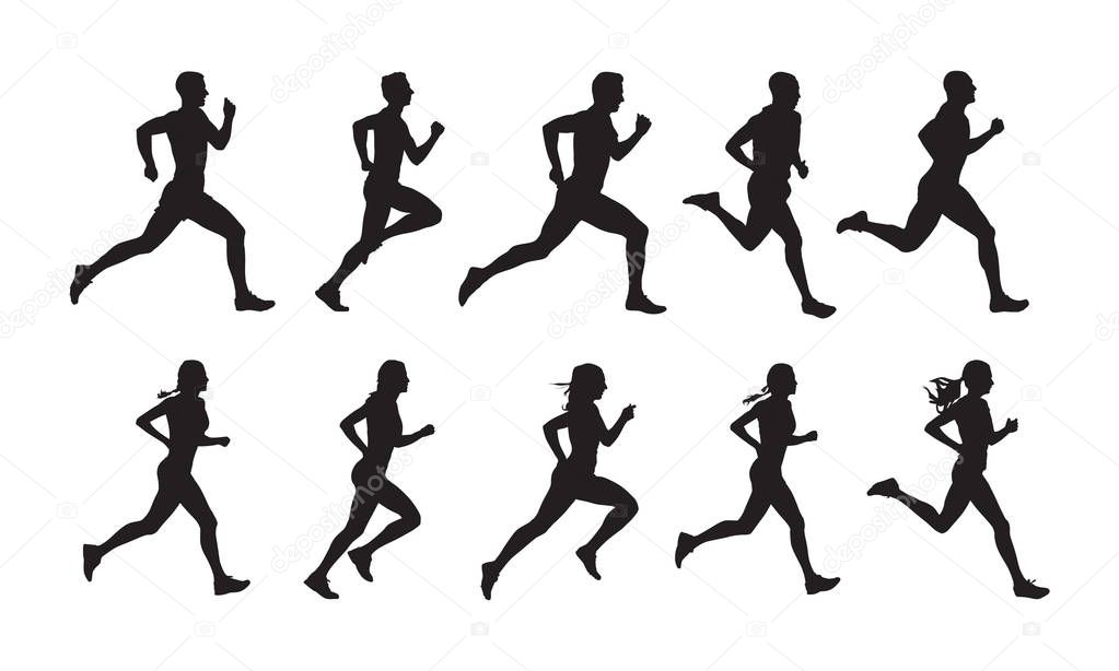 Run, set of running people, isolated vector silhouettes. Group of  men and women runners