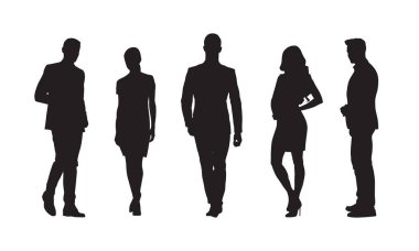 İşadamları ve iş kadınları, bir grup insan resmi kıyafetler. İzole vector silhouettes kümesi