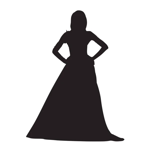 Mujer Vestida Con Vestido Noche Largo Silueta Vectorial Aislada Manos — Vector de stock