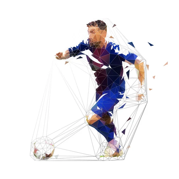 Piłkarz Ciemności Jersey Blue Uruchomiona Piłką Streszczenie Low Poly Wektor — Wektor stockowy