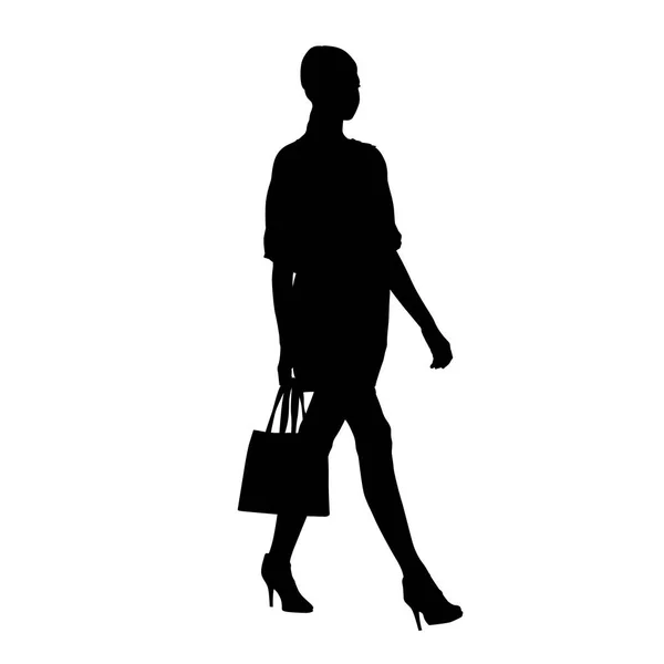 Mulher Andando Com Pequena Bolsa Ombro Silhueta Vetorial Isolada Vista —  Vetores de Stock