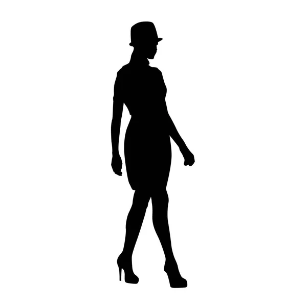 Jeune Femme Avec Chapeau Marche Silhouette Vectorielle Isolée Corps Entier — Image vectorielle