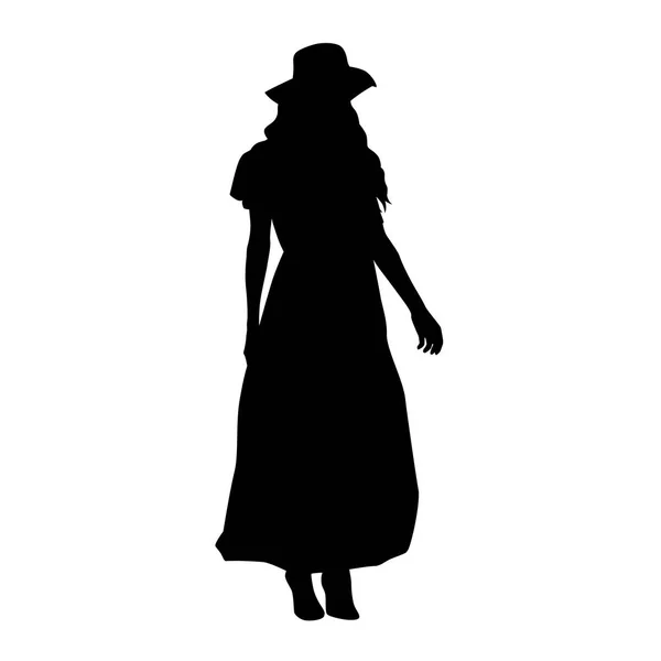 Mujer Con Sombrero Pie Vestido Largo Silueta Vectorial Aislada — Vector de stock