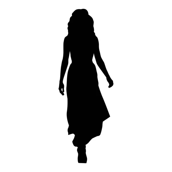 Woman Long Evening Dress Walking Forward Isolated Vector Silhouette Front — Stock Vector