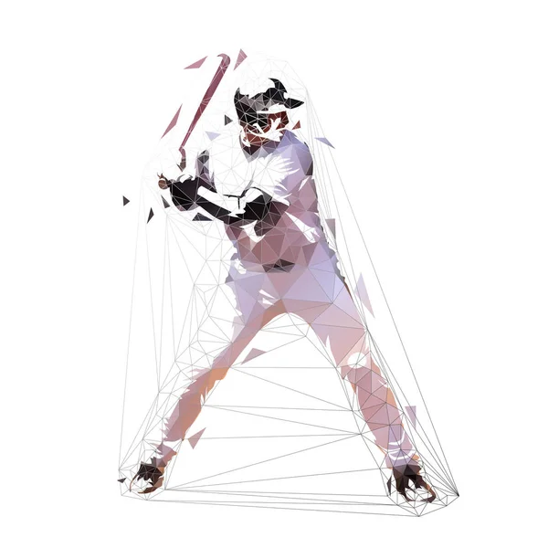 Παίκτης του μπέιζμπολ που στέκεται με ρόπαλο, χαμηλής πολυγωνικά κουρκούτι, απομόνωση — Διανυσματικό Αρχείο