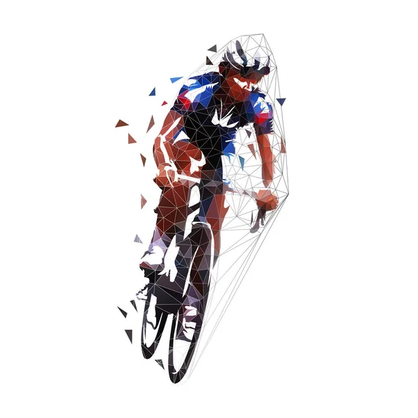 Велоспорт, низкополигональный дорожный велогонщик на велосипеде, геометрическое векто — стоковый вектор