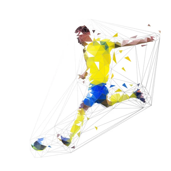 Fußballer, der Ball kickt, Seitenansicht. geometrischer Low-Poly-Vektor — Stockvektor