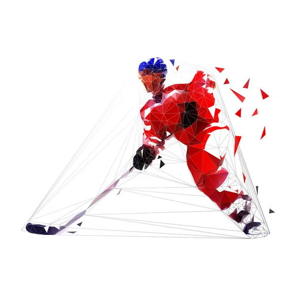 Hokejový hráč, nízký polygonální hokejový bruslař v červeném dresu — Stockový vektor