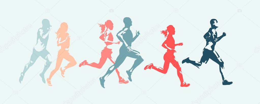 Marathon run. Group of running people, men and women. Isolated vector silhouettes