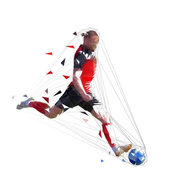 Calcio Giocatore Kickin Ball Isolato Basso Poligonale Illustrazione Vettoriale Geometrica — Vettoriale Stock