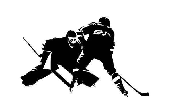 Ishockeyspelare skjuter Puck, målvakt gör Spara, abstrakt Isola — Stock vektor