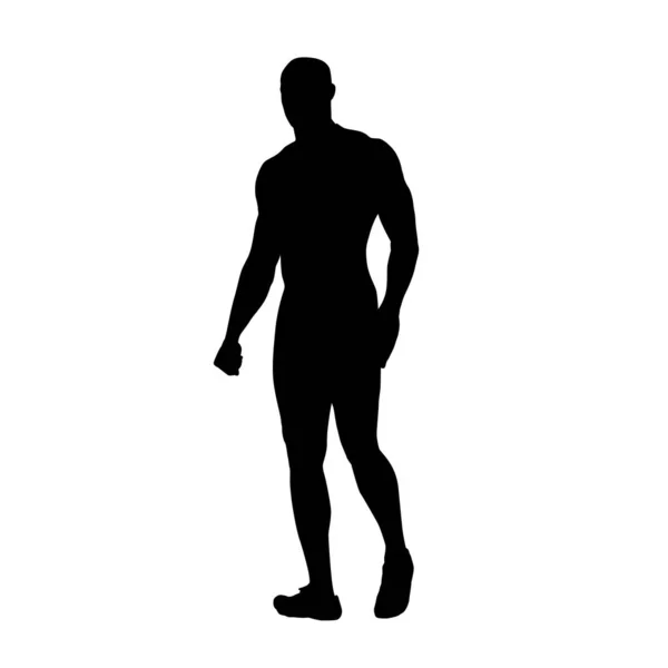 Sterke man lopen, geïsoleerd vector silhouet. Hero met grote mu — Stockvector