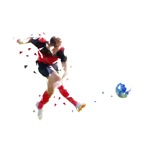 Joueur de football kickin ball, isolé faible vecteur géométrique polygonal — Image vectorielle