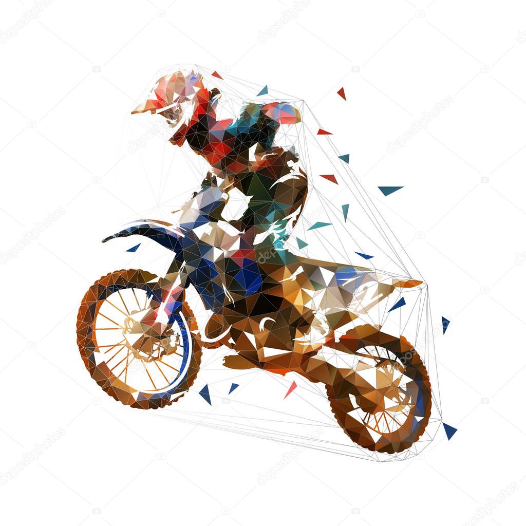 Motocross race, rider on motorbike, isolated low poly vector ill