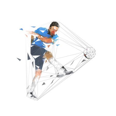 Soccer player kicking ball and scoring goal, abstract low polygonal geometric vector illustration. Isolated footballer in blue jersey clipart