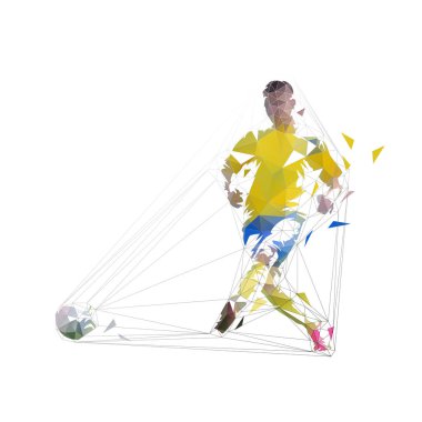Futbolcu tekme topu ve gol, soyut düşük polygo