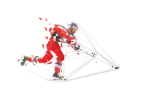 Jugador de hockey sobre hielo en jersey rojo disco de tiro, polígono geométrico — Vector de stock