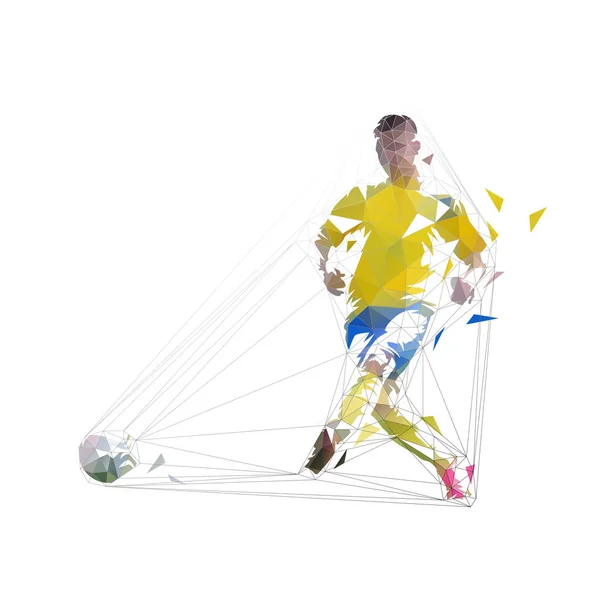 Kopání fotbalového hráče a skórování gólu, abstraktní nízký polygo — Stockový vektor