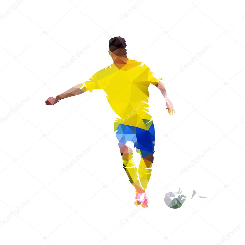 Soccer player kicking ball, low polygonal vector illustration. Isolated geometric footballer in yellow jersey, front view