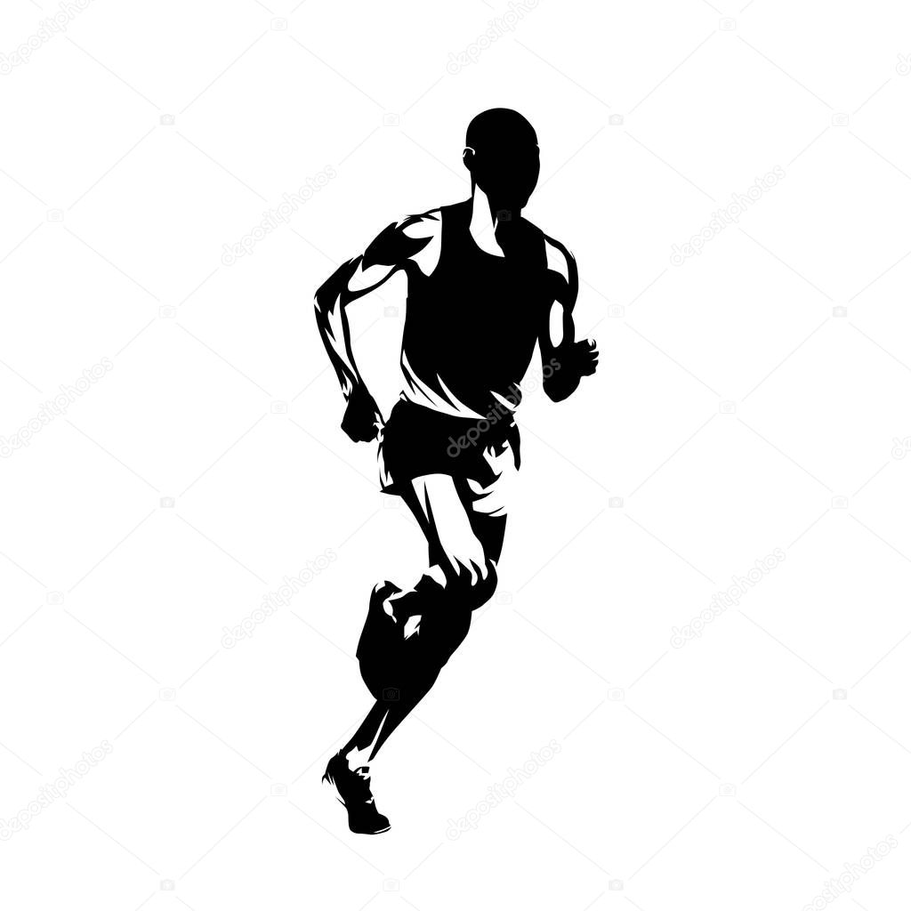Marathon runner, ink drawing, isolated vector silhouette. Runnin