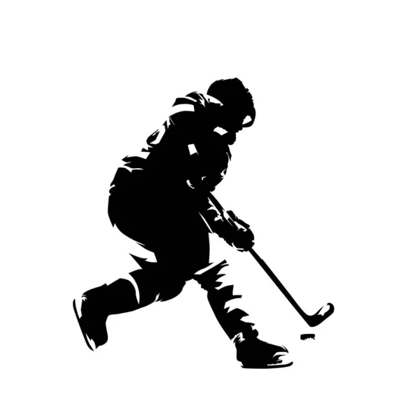 Joueur de hockey patinant avec la rondelle, dessin à l'encre de style comique. Isolat — Image vectorielle