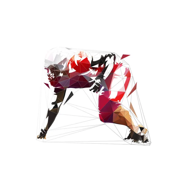 Giocatore di football americano in jersey rosso, posizione sulla linea difensiva . — Vettoriale Stock