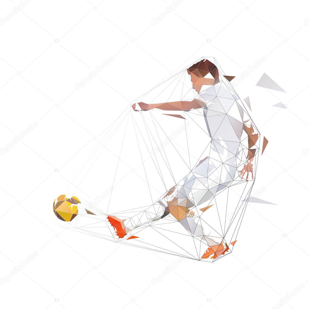 Soccer player in white jersey kicking ball and scoring goal, abstract low polygonal geometric vector illustration. Isolated low poly footballer