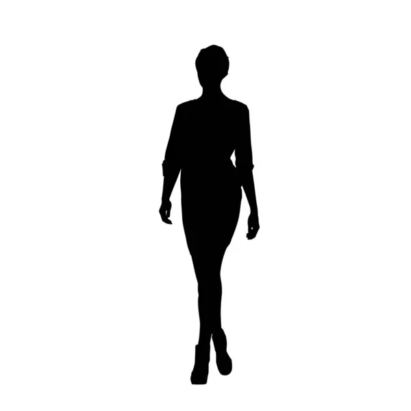 Mujer caminando hacia adelante, silueta vectorial aislada. Cuerpo delgado, hola. — Vector de stock