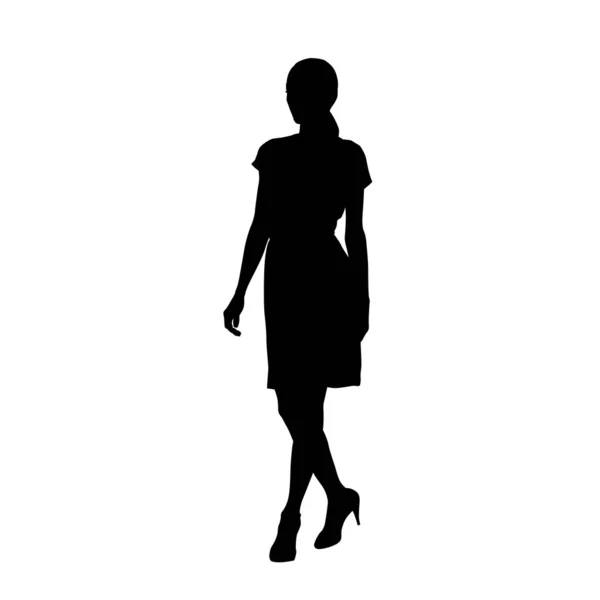 Mujer caminando hacia adelante, silueta vectorial aislada. Cuerpo delgado, hola. — Vector de stock