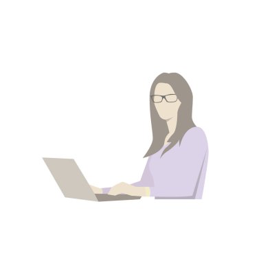Gözlüklü iş kadını oturan ve dizüstü bilgisayar ile çalışan, isol