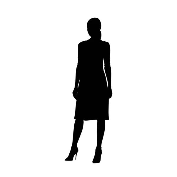 Femme debout en robe d'été, silhouette vectorielle isolée, fron — Image vectorielle