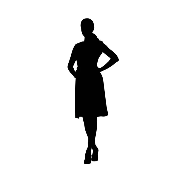 Kobieta w letniej sukni stojący z rękami na biodrach, izolowane VECT — Wektor stockowy