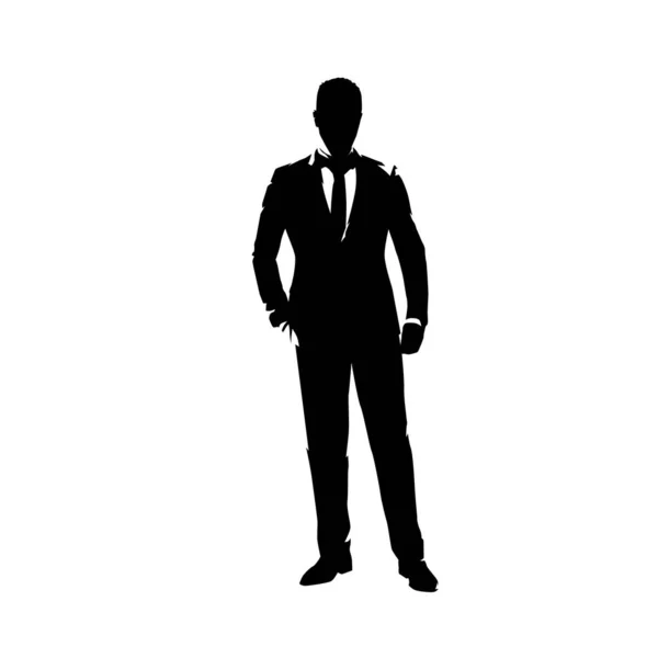 Бизнесмен в костюме стоит с рукой в кармане, абстрактные чернила d — стоковый вектор