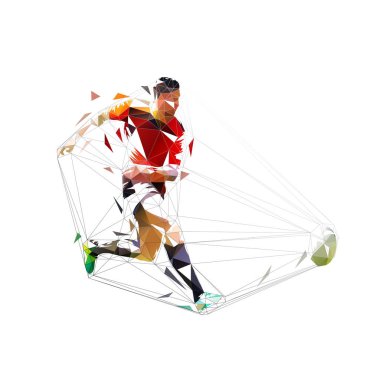 Kırmızı mayo rugby oyuncu tekme topu, izole poly illu