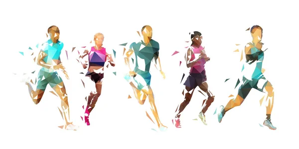 Rennen, groep rennende mensen, lage poly vector illustratie. Geom — Stockvector