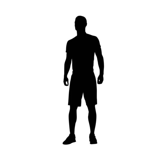 Man standing, isolated vector silhouette. Male athlete in shorts — ストックベクタ