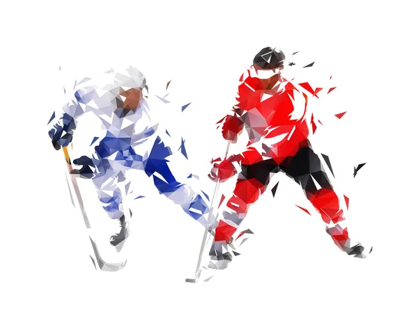 Ijshockey Twee Hockeyspelers Schaatsen Geïsoleerde Laag Polygonale Vector Illustratie Vooraanzicht — Stockvector