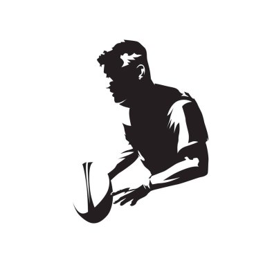 Rugby oyuncusu topu tutuyor, izole vektör silueti. Rugby logosu