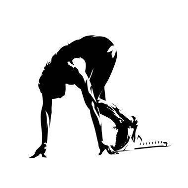 Sprinter bloklar halinde diz çöküyor. Atlet başlamayı bekliyor, izole vektör silueti, mürekkep çizimi