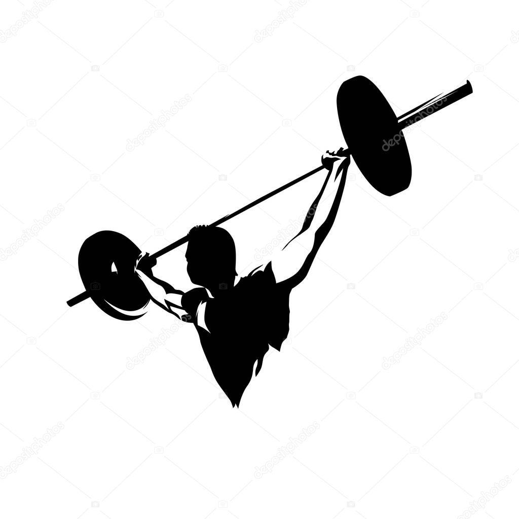 Weightlifter lifts big barbell, abstract vector silhouette. Strong man logo