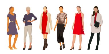 Bir grup kadın. Yetişkin insanlar. Düz tasarım vektör çizimleri. Ön görünüm