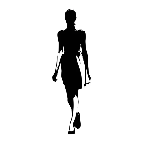 Femme Mince Grande Robe Été Marchant Vers Avant Silhouette Vectorielle — Image vectorielle