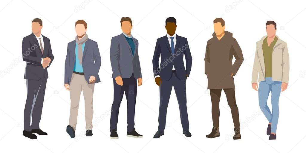 Group of men. Adult people. Flat design vector illustrations. Front view