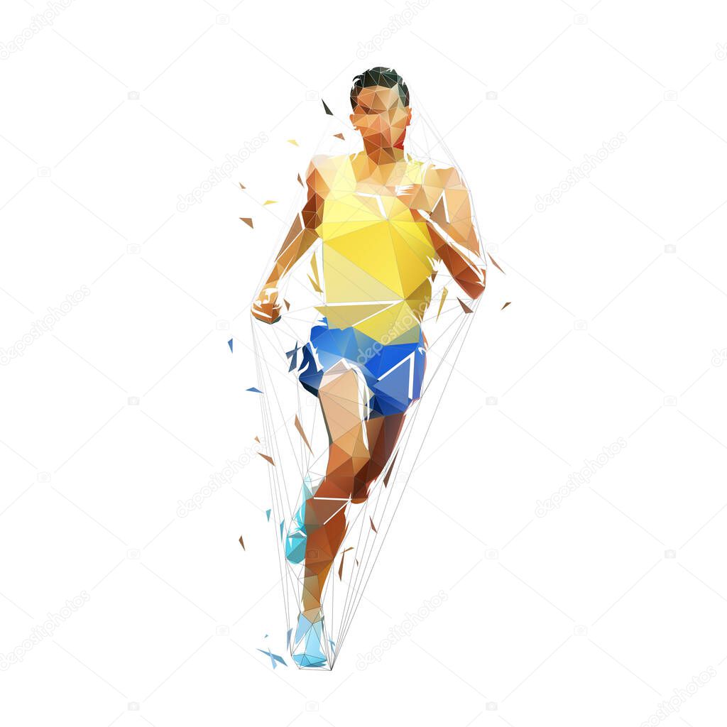 Running man, low poly vector illustration. Front view geometric runner