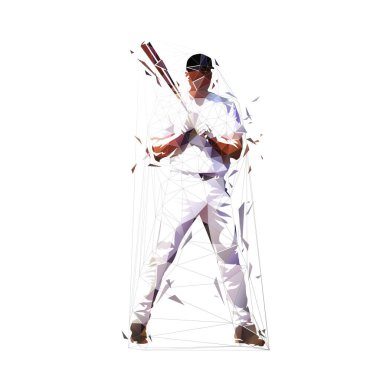 Beyzbol oyuncusu sopayla ayakta duruyor. Düşük çokgen beyzbol vurucusu, izole edilmiş geometrik vektör çizimi