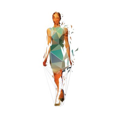 Slim tall woman in summer dress walking forward, low poly isolated vector silhouette. Geometric drawing clipart