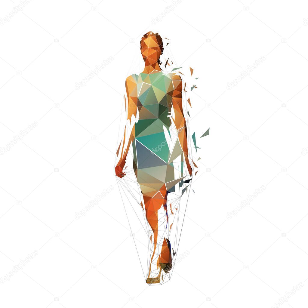 Slim tall woman in summer dress walking forward, low poly isolated vector silhouette. Geometric drawing