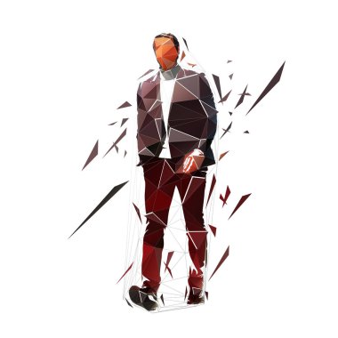 Takım elbiseli bir işadamı ileri yürüyor, düşük çokgen soyut vektör silueti, geometrik çizim. İzole edilmiş karakter