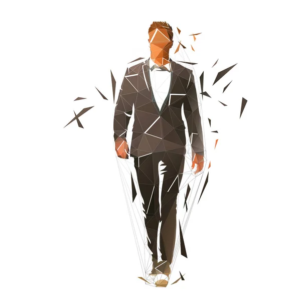 スーツ前方に歩いてビジネスマン 低多角形の抽象ベクトルシルエット 幾何学的な図面 隔離されたキャラクター — ストックベクタ