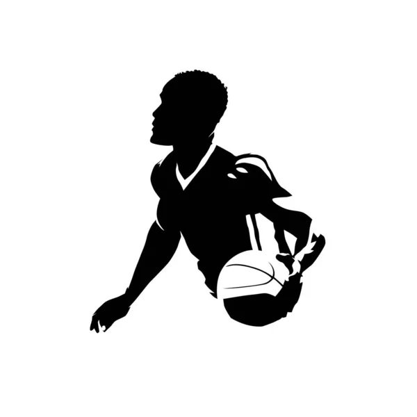 Jugador Baloncesto Corriendo Con Balón Driblando Silueta Vectorial Aislada Dibujo — Vector de stock